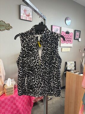 Charter Club Black & White Leopard Print Fleece Vest